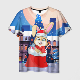 Мужская футболка 3D с принтом Зайка в подарочном мешке в Екатеринбурге, 100% полиэфир | прямой крой, круглый вырез горловины, длина до линии бедер | Тематика изображения на принте: 