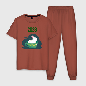Мужская пижама хлопок с принтом Кролик в кружке 2023 в Белгороде, 100% хлопок | брюки и футболка прямого кроя, без карманов, на брюках мягкая резинка на поясе и по низу штанин
 | 