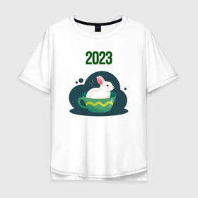 Мужская футболка хлопок Oversize с принтом Кролик в кружке 2023 в Белгороде, 100% хлопок | свободный крой, круглый ворот, “спинка” длиннее передней части | 