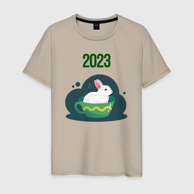 Мужская футболка хлопок с принтом Кролик в кружке 2023 в Белгороде, 100% хлопок | прямой крой, круглый вырез горловины, длина до линии бедер, слегка спущенное плечо. | 