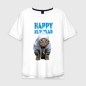 Мужская футболка хлопок Oversize с принтом Happy New Year   Прикольный котик в Санкт-Петербурге, 100% хлопок | свободный крой, круглый ворот, “спинка” длиннее передней части | 