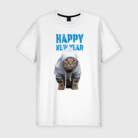 Мужская футболка хлопок Slim с принтом Happy New Year   Прикольный котик в Курске, 92% хлопок, 8% лайкра | приталенный силуэт, круглый вырез ворота, длина до линии бедра, короткий рукав | 