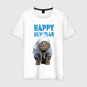 Мужская футболка хлопок с принтом Happy New Year   Прикольный котик в Белгороде, 100% хлопок | прямой крой, круглый вырез горловины, длина до линии бедер, слегка спущенное плечо. | 