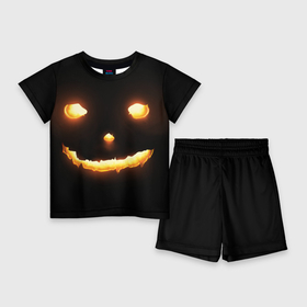 Детский костюм с шортами 3D с принтом Горящие глаза тыквы на черном фоне ,  |  | 