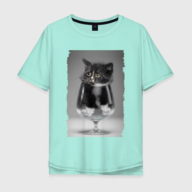 Мужская футболка хлопок Oversize с принтом Котёнок в бокале в Кировске, 100% хлопок | свободный крой, круглый ворот, “спинка” длиннее передней части | 