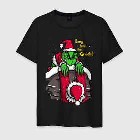 Мужская футболка хлопок с принтом Гринч и Санта в Тюмени, 100% хлопок | прямой крой, круглый вырез горловины, длина до линии бедер, слегка спущенное плечо. | 