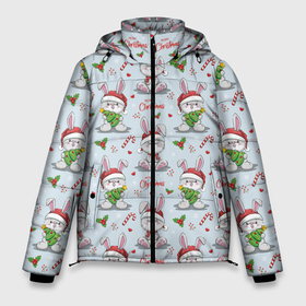 Мужская зимняя куртка 3D с принтом Милые новогодние кролики в Новосибирске, верх — 100% полиэстер; подкладка — 100% полиэстер; утеплитель — 100% полиэстер | длина ниже бедра, свободный силуэт Оверсайз. Есть воротник-стойка, отстегивающийся капюшон и ветрозащитная планка. 

Боковые карманы с листочкой на кнопках и внутренний карман на молнии. | Тематика изображения на принте: 