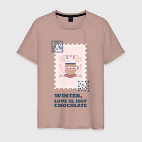 Мужская футболка хлопок с принтом Зима, любовь и горячий шоколад , 100% хлопок | прямой крой, круглый вырез горловины, длина до линии бедер, слегка спущенное плечо. | 