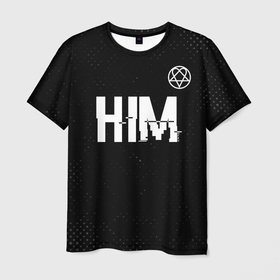 Мужская футболка 3D с принтом HIM glitch на темном фоне: символ сверху в Курске, 100% полиэфир | прямой крой, круглый вырез горловины, длина до линии бедер | 