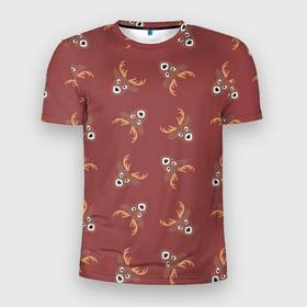 Мужская футболка 3D Slim с принтом Эстетика: праздничные олени на бордовом фоне , 100% полиэстер с улучшенными характеристиками | приталенный силуэт, круглая горловина, широкие плечи, сужается к линии бедра | 