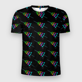 Мужская футболка 3D Slim с принтом Colored triangles в Тюмени, 100% полиэстер с улучшенными характеристиками | приталенный силуэт, круглая горловина, широкие плечи, сужается к линии бедра | 