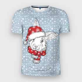 Мужская футболка 3D Slim с принтом Новогодний кролик в шапочке в Тюмени, 100% полиэстер с улучшенными характеристиками | приталенный силуэт, круглая горловина, широкие плечи, сужается к линии бедра | 