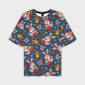 Мужская футболка OVERSIZE 3D с принтом Новогодний паттерн из кроликов ,  |  | Тематика изображения на принте: 