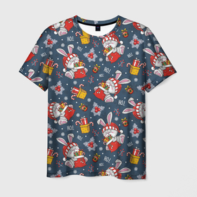 Мужская футболка 3D с принтом Новогодний паттерн из кроликов , 100% полиэфир | прямой крой, круглый вырез горловины, длина до линии бедер | Тематика изображения на принте: 