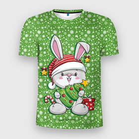 Мужская футболка 3D Slim с принтом Милый кролик с елочкой в Екатеринбурге, 100% полиэстер с улучшенными характеристиками | приталенный силуэт, круглая горловина, широкие плечи, сужается к линии бедра | 