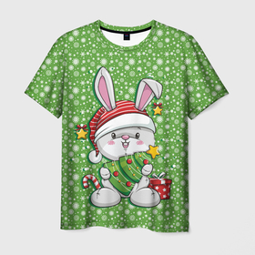 Мужская футболка 3D с принтом Милый кролик с елочкой в Екатеринбурге, 100% полиэфир | прямой крой, круглый вырез горловины, длина до линии бедер | 