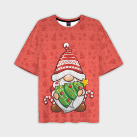 Мужская футболка OVERSIZE 3D с принтом Новогодний гномик с елкой в Новосибирске,  |  | Тематика изображения на принте: 