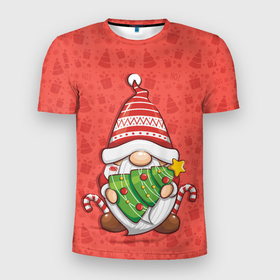 Мужская футболка 3D Slim с принтом Новогодний гномик с елкой в Новосибирске, 100% полиэстер с улучшенными характеристиками | приталенный силуэт, круглая горловина, широкие плечи, сужается к линии бедра | Тематика изображения на принте: 