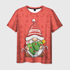 Мужская футболка 3D с принтом Новогодний гномик с елкой , 100% полиэфир | прямой крой, круглый вырез горловины, длина до линии бедер | 