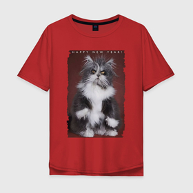 Мужская футболка хлопок Oversize с принтом Happy New Year   Лохматый котяра в Санкт-Петербурге, 100% хлопок | свободный крой, круглый ворот, “спинка” длиннее передней части | 