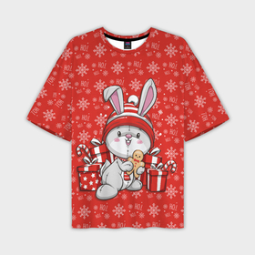 Мужская футболка OVERSIZE 3D с принтом Новогодний кролик с пряником в Петрозаводске,  |  | 