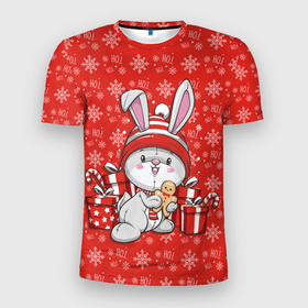 Мужская футболка 3D Slim с принтом Новогодний кролик с пряником в Петрозаводске, 100% полиэстер с улучшенными характеристиками | приталенный силуэт, круглая горловина, широкие плечи, сужается к линии бедра | 