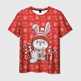Мужская футболка 3D с принтом Новогодний кролик с пряником в Петрозаводске, 100% полиэфир | прямой крой, круглый вырез горловины, длина до линии бедер | 