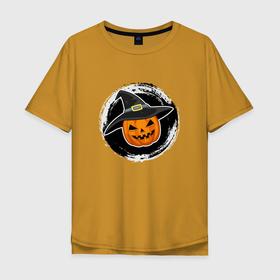 Мужская футболка хлопок Oversize с принтом Мультяшная тыква в шляпе Хэллоуин в Курске, 100% хлопок | свободный крой, круглый ворот, “спинка” длиннее передней части | 