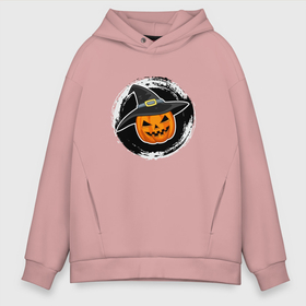 Мужское худи Oversize хлопок с принтом Мультяшная тыква в шляпе Хэллоуин в городе Новоалтайск, френч-терри — 70% хлопок, 30% полиэстер. Мягкий теплый начес внутри —100% хлопок | боковые карманы, эластичные манжеты и нижняя кромка, капюшон на магнитной кнопке | 