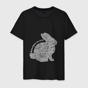 Мужская футболка хлопок с принтом Кролик в стиле раскраски антистресс в Петрозаводске, 100% хлопок | прямой крой, круглый вырез горловины, длина до линии бедер, слегка спущенное плечо. | 