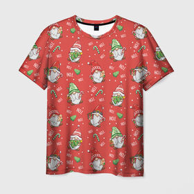 Мужская футболка 3D с принтом Новогодние гномы паттерн в Кировске, 100% полиэфир | прямой крой, круглый вырез горловины, длина до линии бедер | Тематика изображения на принте: 