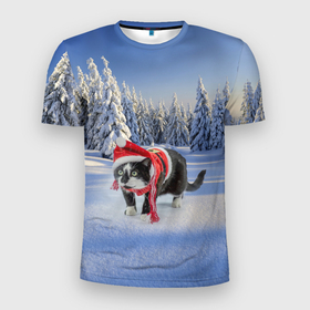Мужская футболка 3D Slim с принтом Ряженый котик в зимнем лесу в Курске, 100% полиэстер с улучшенными характеристиками | приталенный силуэт, круглая горловина, широкие плечи, сужается к линии бедра | 