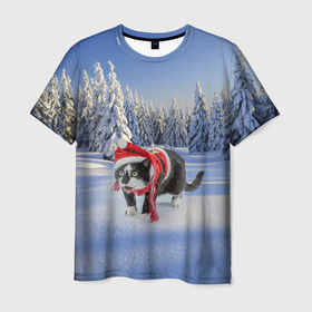 Мужская футболка 3D с принтом Ряженый котик в зимнем лесу в Курске, 100% полиэфир | прямой крой, круглый вырез горловины, длина до линии бедер | 