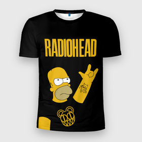 Мужская футболка 3D Slim с принтом Radiohead Гомер Симпсон рокер , 100% полиэстер с улучшенными характеристиками | приталенный силуэт, круглая горловина, широкие плечи, сужается к линии бедра | 