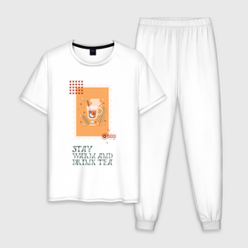 Мужская пижама хлопок с принтом Грейся и пей чай в Тюмени, 100% хлопок | брюки и футболка прямого кроя, без карманов, на брюках мягкая резинка на поясе и по низу штанин
 | Тематика изображения на принте: 