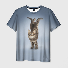 Мужская футболка 3D с принтом Спортивный котик   акробатический этюд в Курске, 100% полиэфир | прямой крой, круглый вырез горловины, длина до линии бедер | 