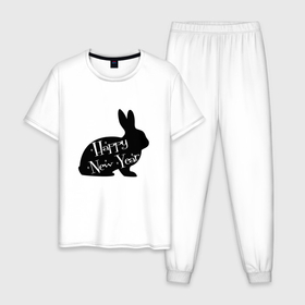 Мужская пижама хлопок с принтом Кролик Happy New Year: символ и надпись , 100% хлопок | брюки и футболка прямого кроя, без карманов, на брюках мягкая резинка на поясе и по низу штанин
 | 