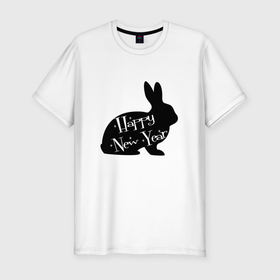 Мужская футболка хлопок Slim с принтом Кролик Happy New Year: символ и надпись , 92% хлопок, 8% лайкра | приталенный силуэт, круглый вырез ворота, длина до линии бедра, короткий рукав | 