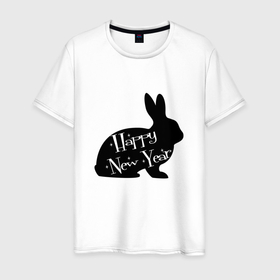 Мужская футболка хлопок с принтом Кролик Happy New Year: символ и надпись , 100% хлопок | прямой крой, круглый вырез горловины, длина до линии бедер, слегка спущенное плечо. | Тематика изображения на принте: 