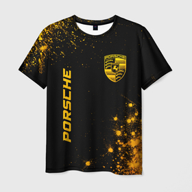 Мужская футболка 3D с принтом Porsche   gold gradient: надпись, символ в Петрозаводске, 100% полиэфир | прямой крой, круглый вырез горловины, длина до линии бедер | 