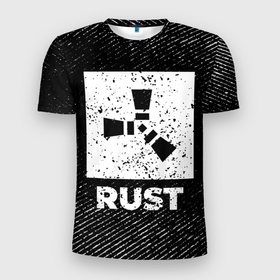 Мужская футболка 3D Slim с принтом Rust с потертостями на темном фоне в городе Новоалтайск, 100% полиэстер с улучшенными характеристиками | приталенный силуэт, круглая горловина, широкие плечи, сужается к линии бедра | 