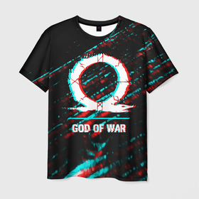 Мужская футболка 3D с принтом God of War в стиле glitch и баги графики на темном фоне в Санкт-Петербурге, 100% полиэфир | прямой крой, круглый вырез горловины, длина до линии бедер | 
