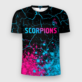 Мужская футболка 3D Slim с принтом Scorpions   neon gradient: символ сверху , 100% полиэстер с улучшенными характеристиками | приталенный силуэт, круглая горловина, широкие плечи, сужается к линии бедра | 