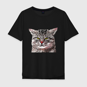 Мужская футболка хлопок Oversize с принтом Серый недовольный кот в Санкт-Петербурге, 100% хлопок | свободный крой, круглый ворот, “спинка” длиннее передней части | Тематика изображения на принте: 