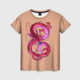 Женская футболка 3D с принтом Красный дракон в форме цифры 8 в Тюмени, 100% полиэфир ( синтетическое хлопкоподобное полотно) | прямой крой, круглый вырез горловины, длина до линии бедер | 