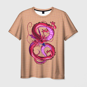 Мужская футболка 3D с принтом Красный дракон в форме цифры 8 в Тюмени, 100% полиэфир | прямой крой, круглый вырез горловины, длина до линии бедер | 