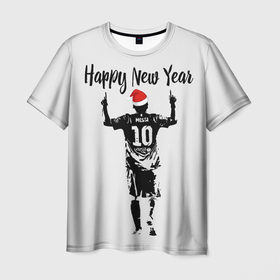 Мужская футболка 3D с принтом Лионель Месси   happy new year в Новосибирске, 100% полиэфир | прямой крой, круглый вырез горловины, длина до линии бедер | 