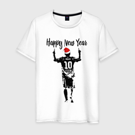 Мужская футболка хлопок с принтом Лионель Месси  Happy New Year в Тюмени, 100% хлопок | прямой крой, круглый вырез горловины, длина до линии бедер, слегка спущенное плечо. | 