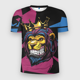 Мужская футболка 3D Slim с принтом Царь зверей в короне в Белгороде, 100% полиэстер с улучшенными характеристиками | приталенный силуэт, круглая горловина, широкие плечи, сужается к линии бедра | 