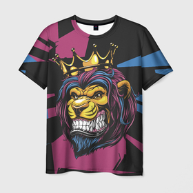 Мужская футболка 3D с принтом Царь зверей в короне в Екатеринбурге, 100% полиэфир | прямой крой, круглый вырез горловины, длина до линии бедер | 